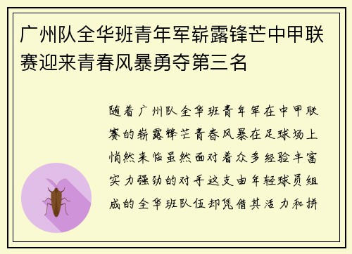 广州队全华班青年军崭露锋芒中甲联赛迎来青春风暴勇夺第三名
