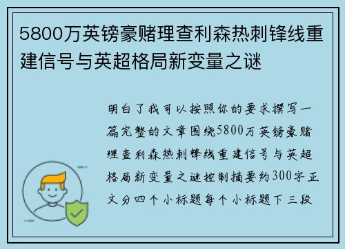 5800万英镑豪赌理查利森热刺锋线重建信号与英超格局新变量之谜 5800万英镑豪赌理查利森热刺锋线重建信号与英超格局新变量之谜